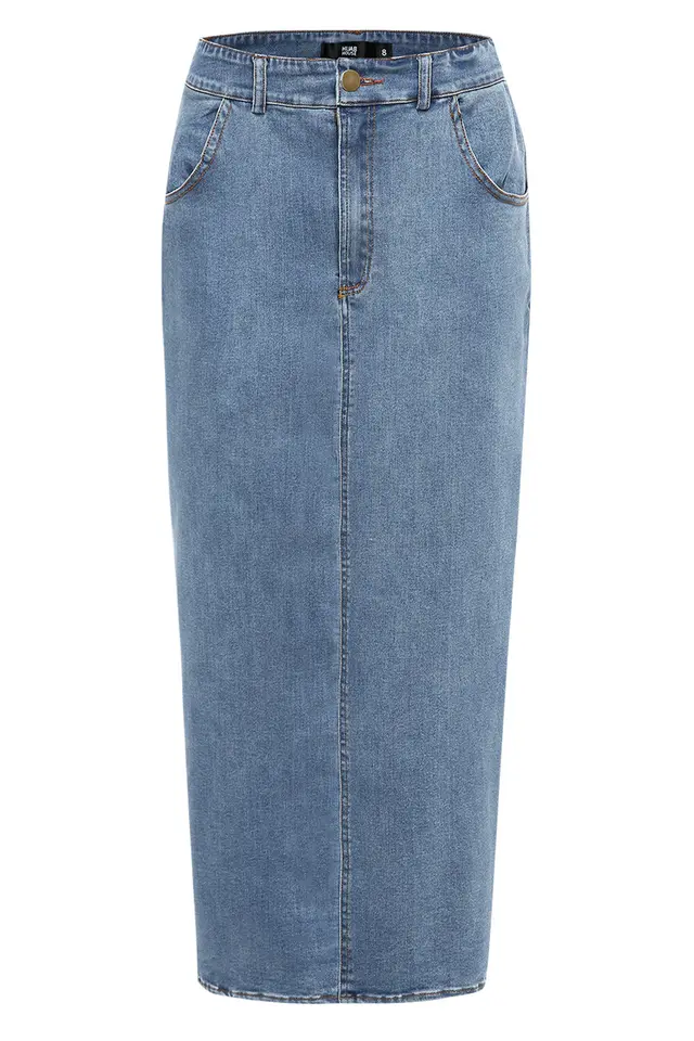 Long Stretch Denim Hip wrapped Skirt Blue - Shop at LoveMi