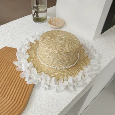 Women's Pearl Lace Flat Top Straw Hat Small Pearls - Shop at LoveMi