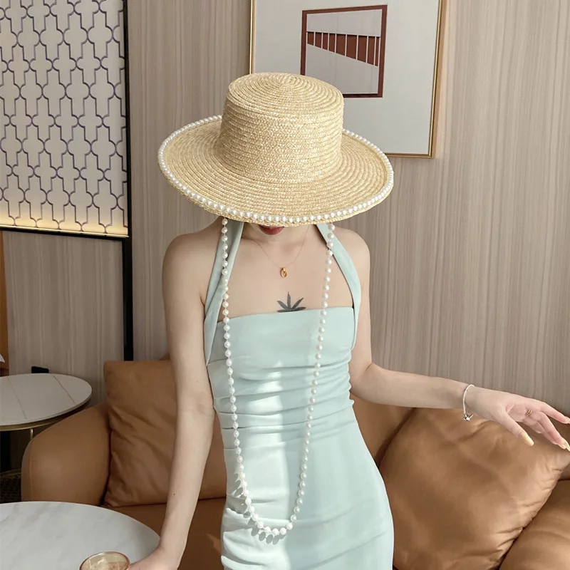 Women's Hand Sewn Pearl Flat Top Straw Hat Light Plate Pearl Chain Adjust - Shop at LoveMi