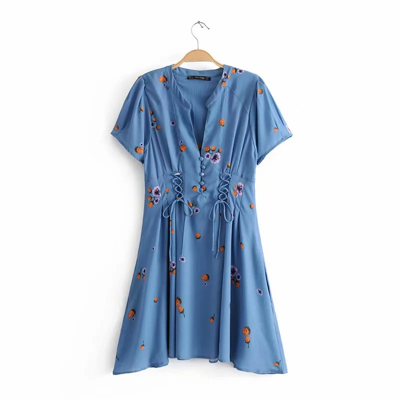 Women's A line Short Sleeve Lace Button Dress Blue - Shop at LoveMi