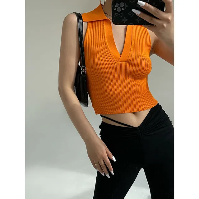 Women's Lapel Polo Knit Crop Top Orange - Shop at LoveMi