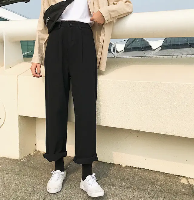 Women's Casual Solid Color Loose Wide Leg Denim Trousers Black - Shop at LoveMi