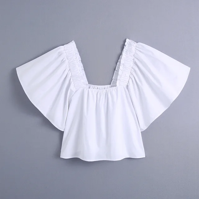New European And American Puff Sleeve Silk Solid Color Loose Top White - Shop at LoveMi
