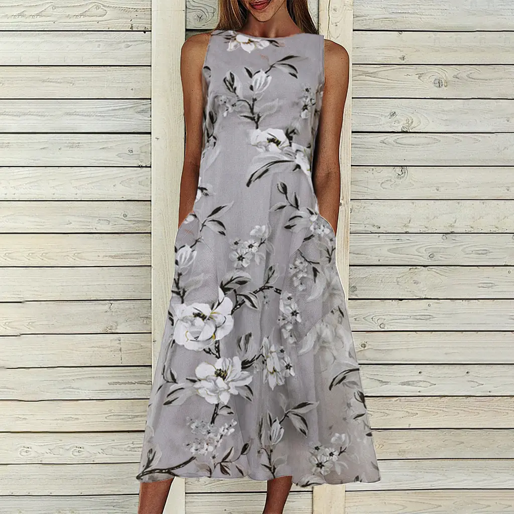 Floral Tunic Round Neck Mid-length A-line Dress - Grey