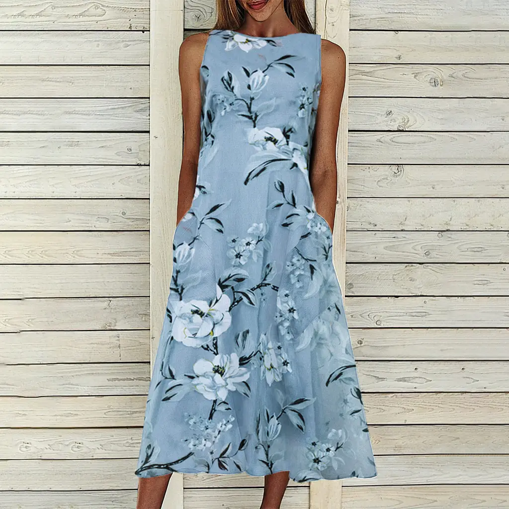 Floral Tunic Round Neck Mid-length A-line Dress - Sky Blue