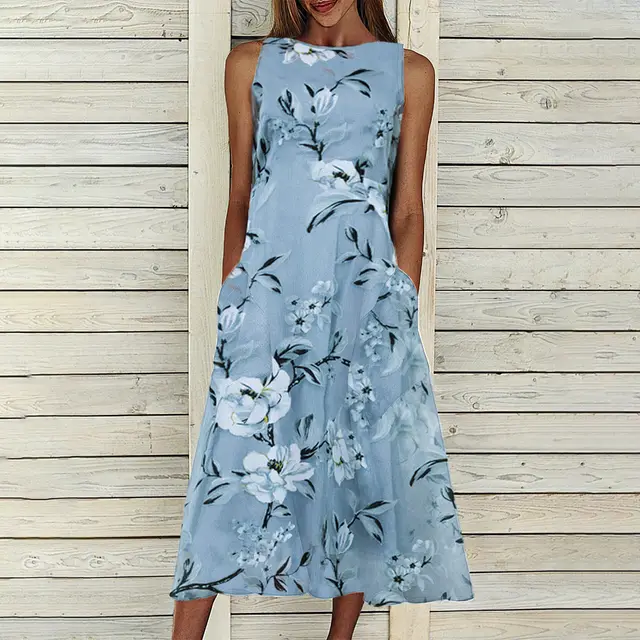 Floral Tunic Round Neck Mid length A line Dress Sky Blue - Shop at LoveMi
