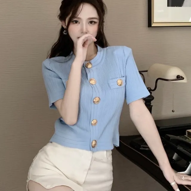 Women's Retro Western Style Round Neck Knitted T shirt Top Blue - Shop at LoveMi