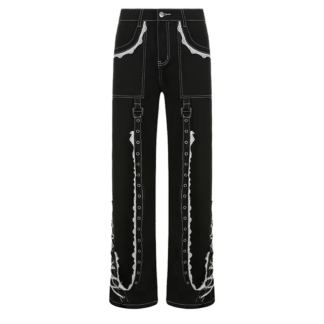 Women's Wide Leg Stitching Lace Lace Wash Denim Trousers Black - Shop at LoveMi