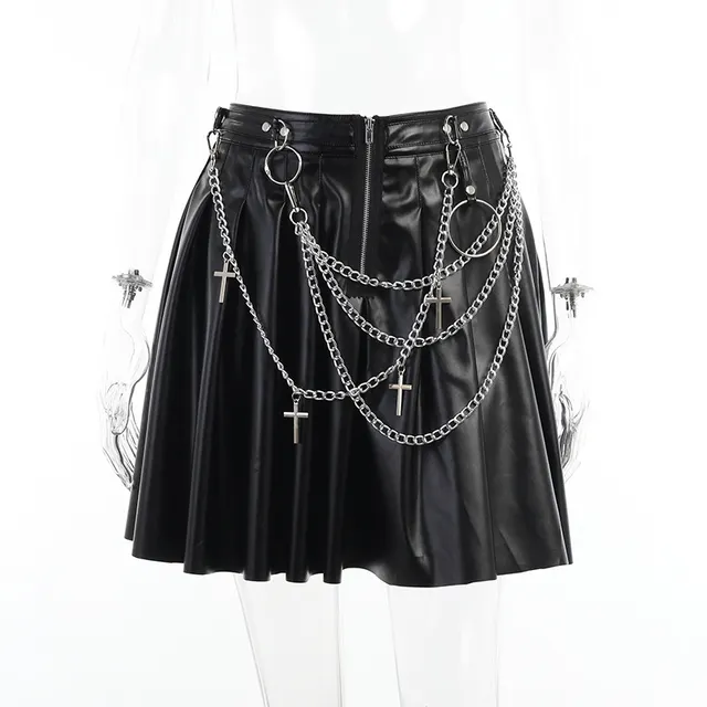 Dark Punk Chain Pleated Pu Leather Skirt Black - Shop at LoveMi