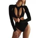 Women's Design Backless Round Neck Long Sleeve Slim Fit T-Shirt Women - Black