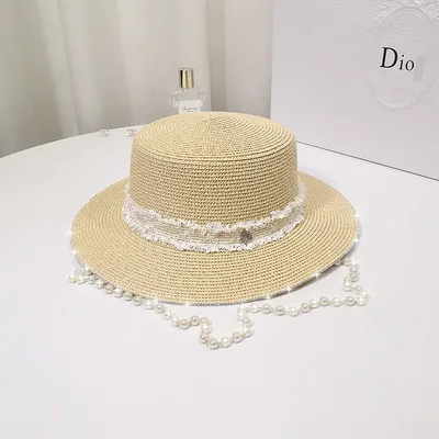 Pearl Flat Brim Straw Beach Hat Beige - Shop at LoveMi
