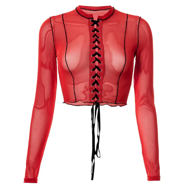 Autumn New Mesh See through Top Lace Red - Shop at LoveMi