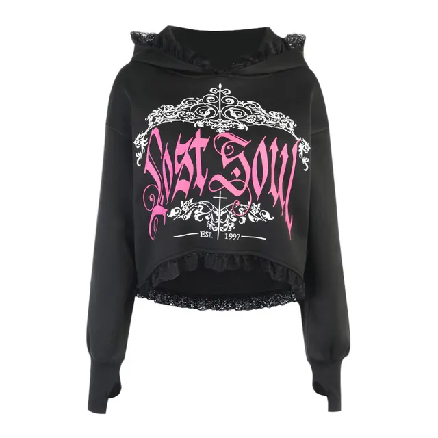 Women's Dark Style Lace Hooded Trendy Printed Sweatshirt Black - Shop at LoveMi