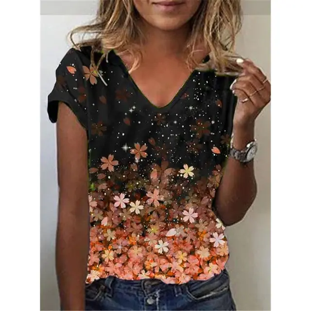 Abstract Painting T Shirt Graphic Geometric Print V Neck Orange - Shop at LoveMi