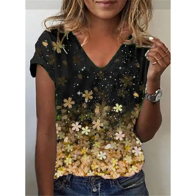 Abstract Painting T Shirt Graphic Geometric Print V Neck Yellow - Shop at LoveMi