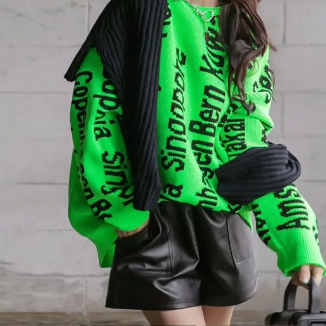 Long Sleeve Letter Crew Neck Loose Sweater Knit Dress Green - Shop at LoveMi