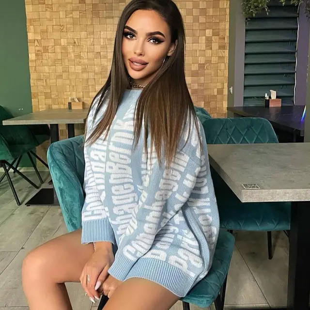 Long Sleeve Letter Crew Neck Loose Sweater Knit Dress Light Blue - Shop at LoveMi
