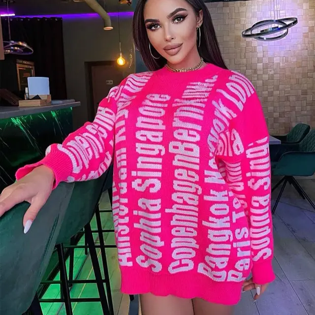 Long Sleeve Letter Crew Neck Loose Sweater Knit Dress Rose Red - Shop at LoveMi