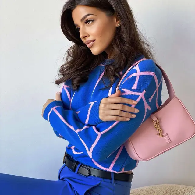 Crew Neck Line Pattern Knit Top Blue - Shop at LoveMi