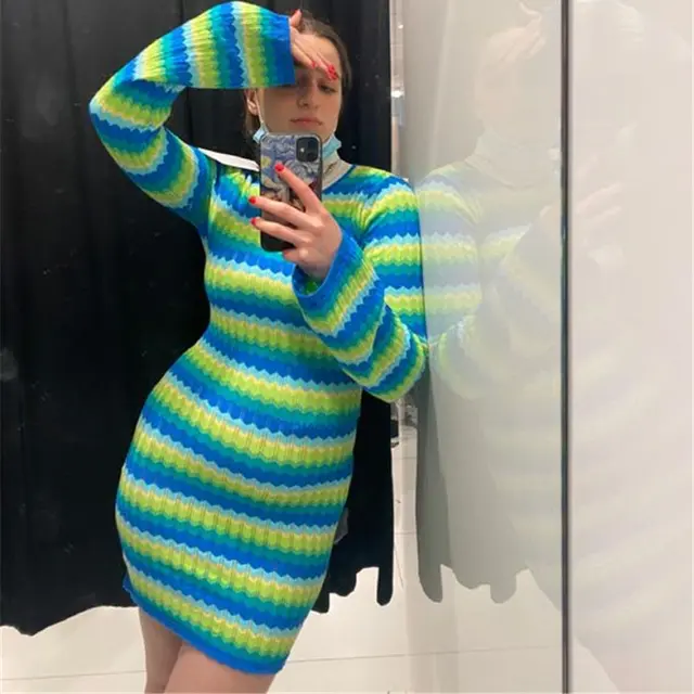 Contrast Stripe Backless Long Sleeve Knit Dress Green - Shop at LoveMi