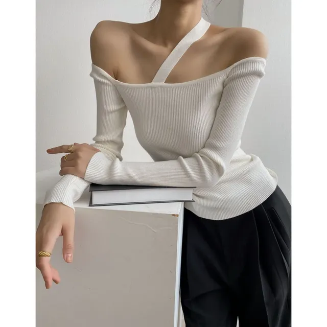 Women's French Niche Design Off the shoulder Knitted Sweater Top White - Shop at LoveMi