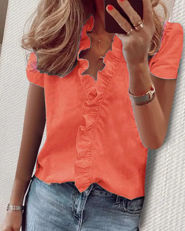 European And American Short Sleeve Ruffle Blouse Orange - Shop at LoveMi