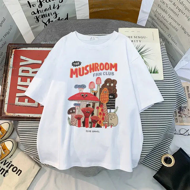 Cute Cartoon Mushroom Print Round Neck Loose T shirt Short Sleeve White - Shop at LoveMi