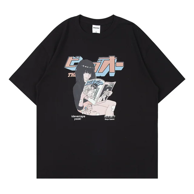 Loose Crew Neck Cartoon Print Short Sleeves Black - Shop at LoveMi