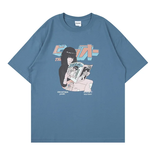 Loose Crew Neck Cartoon Print Short Sleeves Blue - Shop at LoveMi
