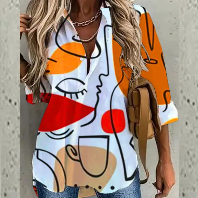 Personalized Fashion Long Sleeve Lapel Print Shirt Orange - Shop at LoveMi
