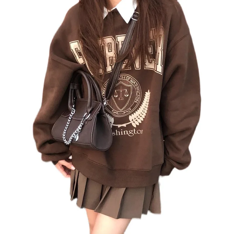 American Style Retro Sweater Women's Fleece Thick Plus Size Top Brown - Shop at LoveMi