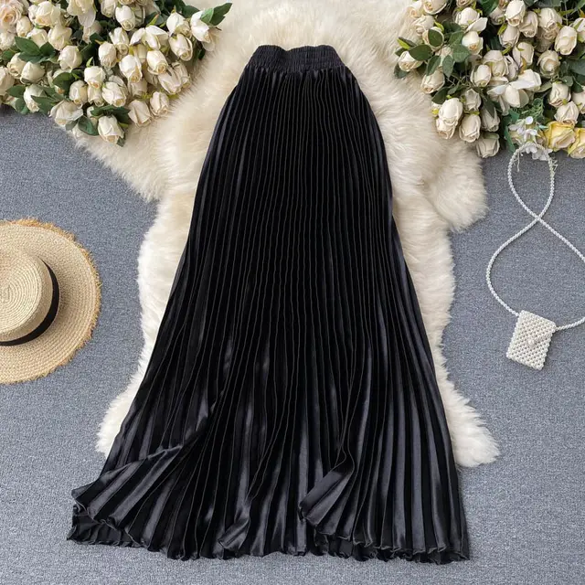 Trendy Light Luxury Heavy Industry Pleated Mid length Skirt Black - Shop at LoveMi