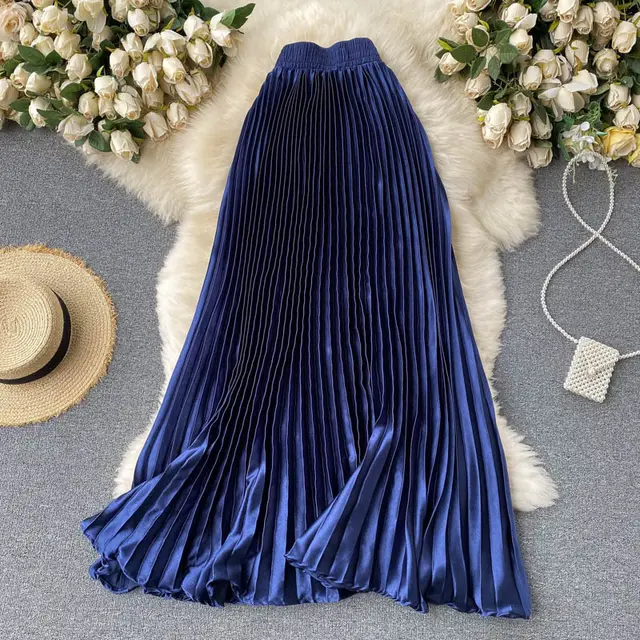 Trendy Light Luxury Heavy Industry Pleated Mid length Skirt Blue - Shop at LoveMi