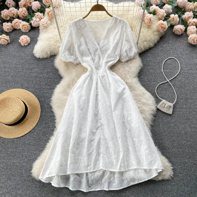 French Gentle V Neck Fashion A Line Dress White - Shop at LoveMi