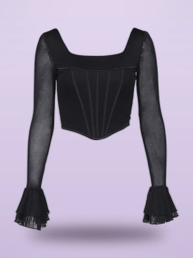 Mesh Fishbone Perspective Square Neck Flared Sleeve Tshirt Cropped Top Black - Shop at LoveMi