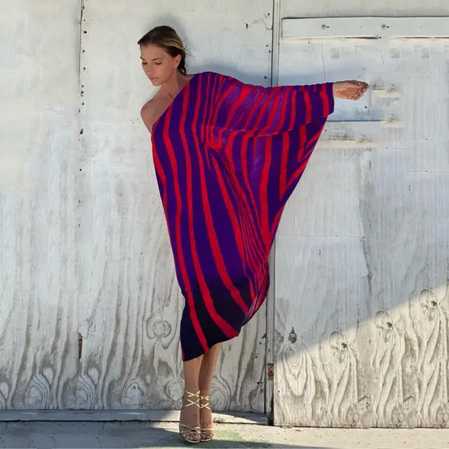 Sloping Shoulder CasualBeach Vacation Swing Dress Stripes - Shop at LoveMi