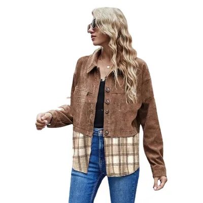 European And American Thick Shirt Corduroy Stitching Plaid Cardigan Brown - Shop at LoveMi
