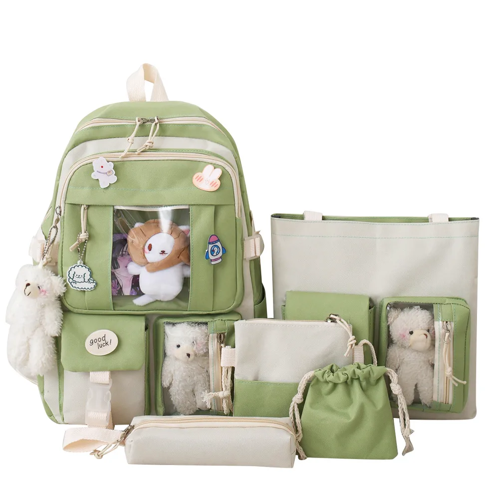 Large-capacity Sturdy Girl's Heart Durable Backpack Five-piece Set - Green