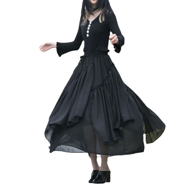 Women's Ethnic Thin Chiffon Skirt Irregular Black - Shop at LoveMi