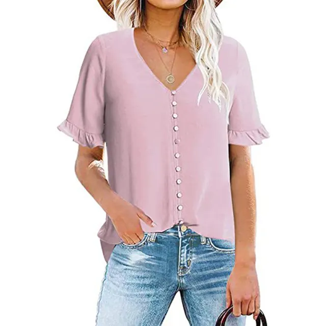 Women's Ruffle Short Sleeve V Neck Button Down Shirt Pink - Shop at LoveMi