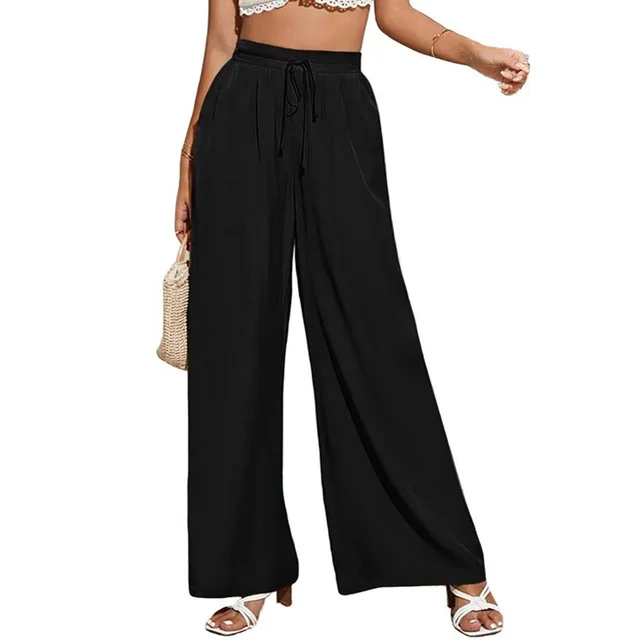 Women's High Waist Solid Color Elastic Waist Tie Loose Wide Leg Pants Black - Shop at LoveMi