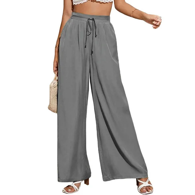 Women's High Waist Solid Color Elastic Waist Tie Loose Wide Leg Pants Grey - Shop at LoveMi