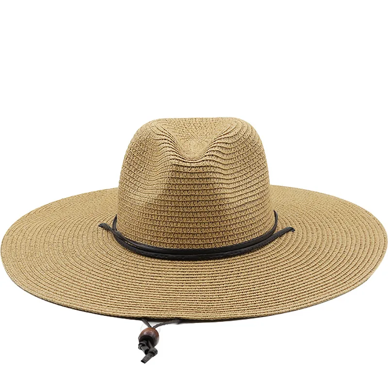 Paper Woven Panama Straw Hat Windproof Rope Flat Big Brim Sunscreen Beach - Khaki