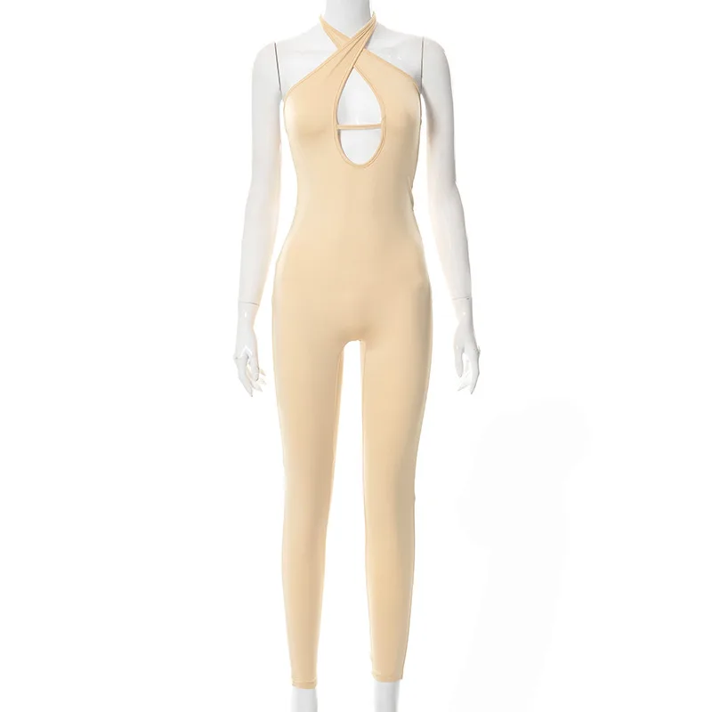 Women's Backless Halterneck Sleeveless Hip Lift Sports Jumpsuit Apricot - Shop at LoveMi