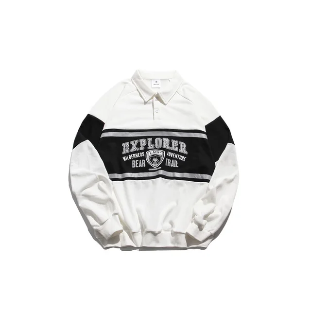 College Loose Couples Versatile Polo Collar Sweatshirt White - Shop at LoveMi