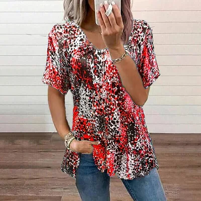 Leopard Print Short Sleeve V neck Top T shirt Women's Clothing Red - Shop at LoveMi