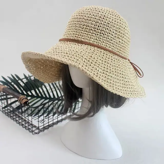 Straw Hat Sunshade Foldable Travel Beach Straw Hat Beige - Shop at LoveMi