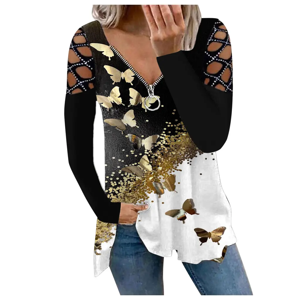 Women's V Neck Perm Drill Cutout Long Sleeve Loose T Shirt Top - Small Butterfly Golden