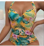 One-piece Halterneck All-in-one Bikini Print - Yellow