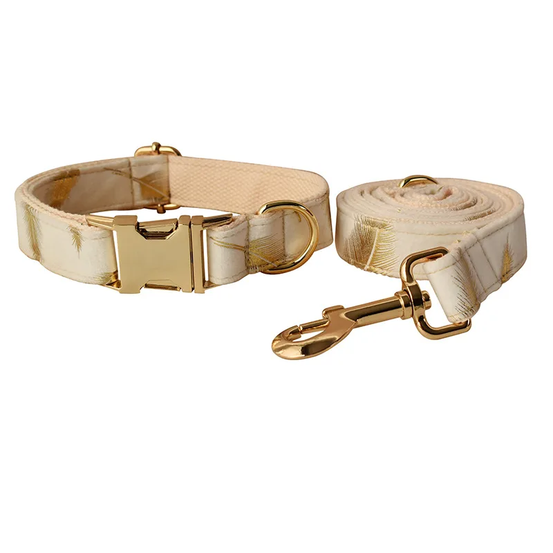 Cream Velvet Feather Print Velvet Dog Collar Collar Leash Set - Shop at LoveMi